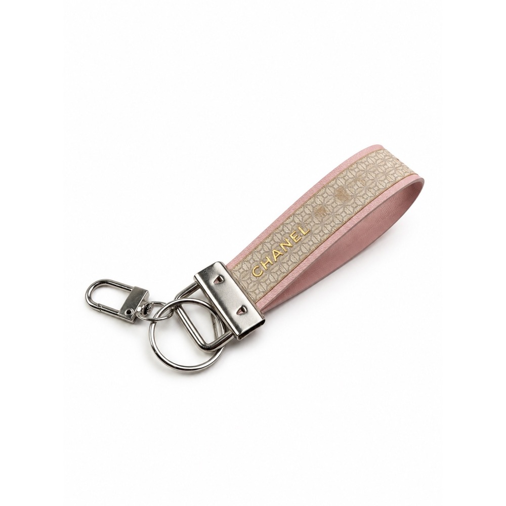Chanel Upcycled Vintage Y2K Beige Pink Logo Keychain Designer Key Fob Unisex NWT